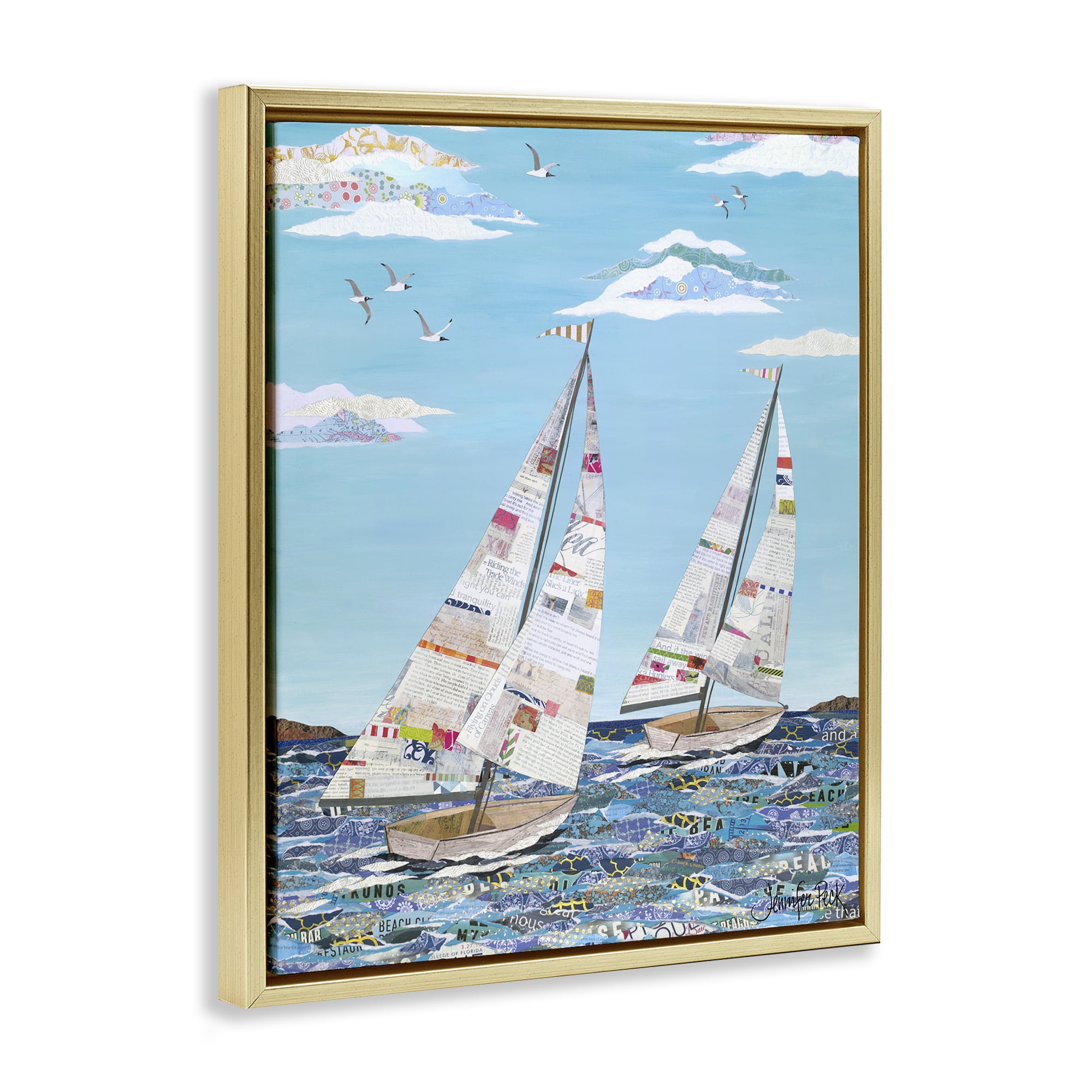 Stupell Industries Collaged Sailboat Pair Transportation Painting Gold Floater Framed Canvas Art Print Wall Art, 25 x 31