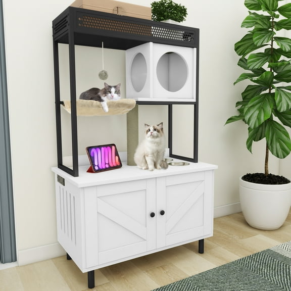 Dextrus Cat Litter Box Enclosure,Large Hidden Litter Box Furniture Cabinet with Shelves,Charging Station,Scratch Post and Feeding Station,White