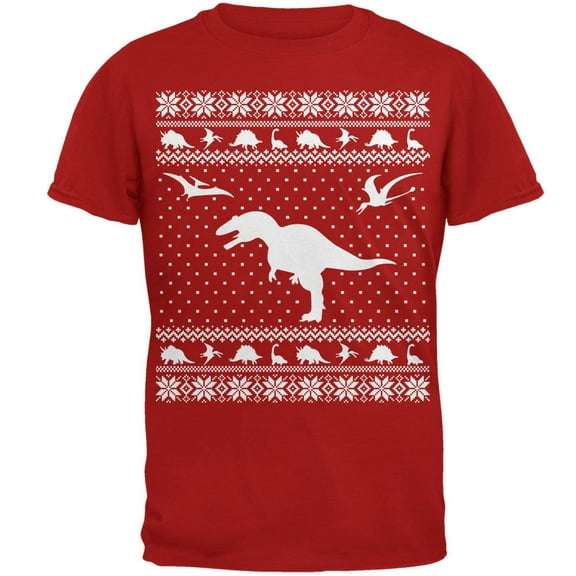 Dinosaurs Ugly XMAS Sweater Red Adult T-Shirt - Medium