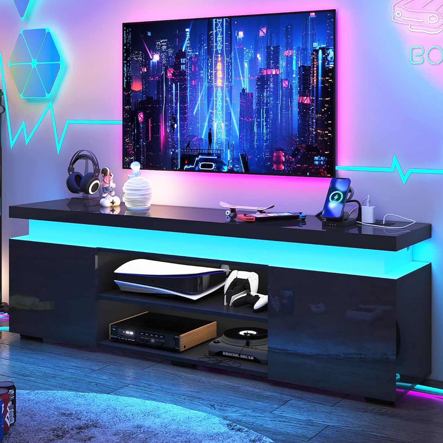 65" LED TV Stand with Power Outlet for up 75" TVs, Modern Large Entertainment Center Long Sounbar Media Console Table Stand for Living Room