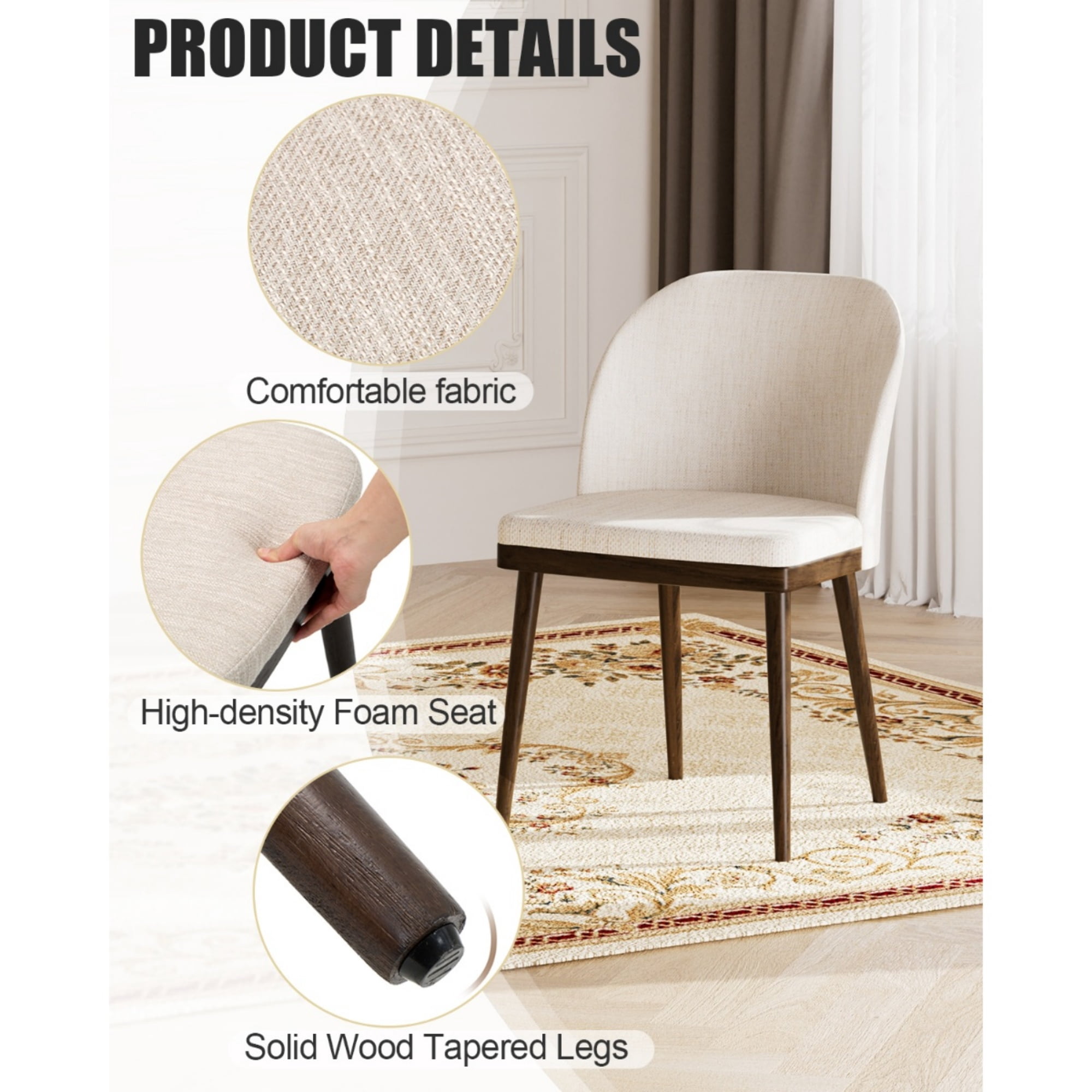 EOP Modern Upholstered Dining Chairs Set of 6, Wooden Dining Side Chairs with Curved Backrest, Armless Kitchen Chairs for Dining Room & Restaurant, Beige