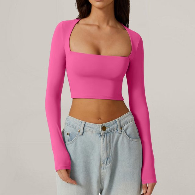 Blusa Mangas Largas Camisa corta básica Jersey Camisa corta Mujer ropa de calle con ajuste ajustado Ygjytge Rosa roja T L para Mujer