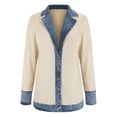 thumbnail image 5 of YWMJI Denim Patchwork Corduroy Cardigan for Women Collared Knit Sweater Blazer Soft Ribbed Knit Long Sleeve Button Down Denim Trim Blazer Lightweight Open Front Thigh Length Jackets Beige L, 5 of 9