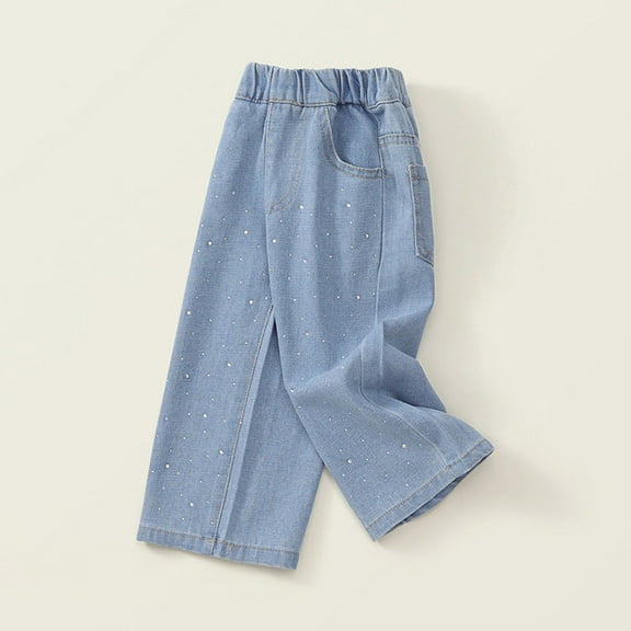 HAOTAGS Mid Waist Pants Toddler Cute Wide Leg Trousers Ripped Distressed with Pockets Girls Clothes Blue 8 Years