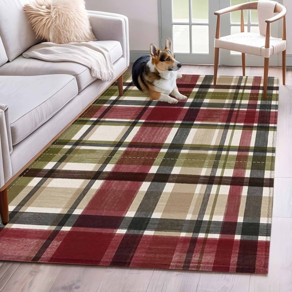 Buffalo Check Area Rugs 2.7'x5', Washable Small Throw Rugs for Kitchen Bedroom, Red Green Farmhouse Plaid Vintage Autumn Indoor Outdoor Rug Non-Slip Low Pile Carpet Runner Reversible Floor Mats