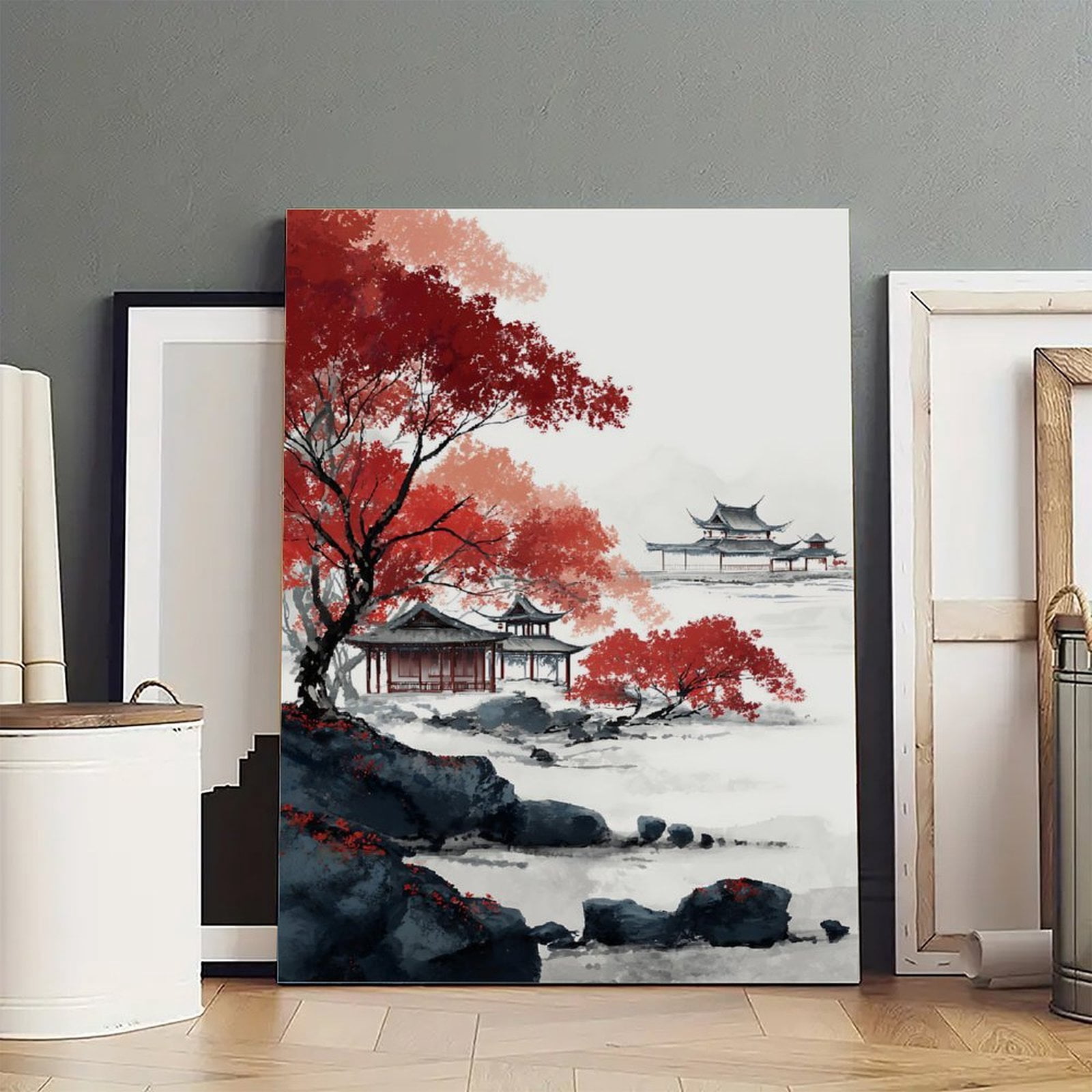 Larbulse  Chinese Landscape Black Pavilions Rock Red Trees Ink Painting Canvas Wall Art Home Decor Poster Vintage Funny Print Picture Abstract Bedroom Living Room Kitchen Posters Decor
