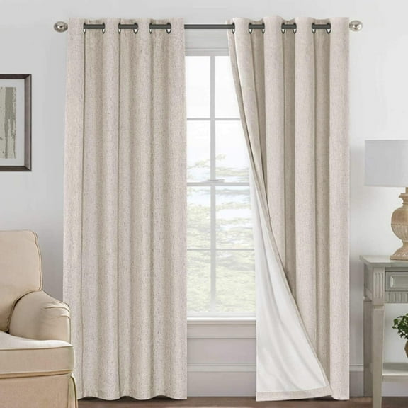 Linen 100% Blackout Curtains for Bedroom Full Light Blocking Curtains, Textured Window Curtain for Living Room 84 inch Grommet, Energy Efficient Curtains White Liner(2 Panels, Natural) Natural 52\