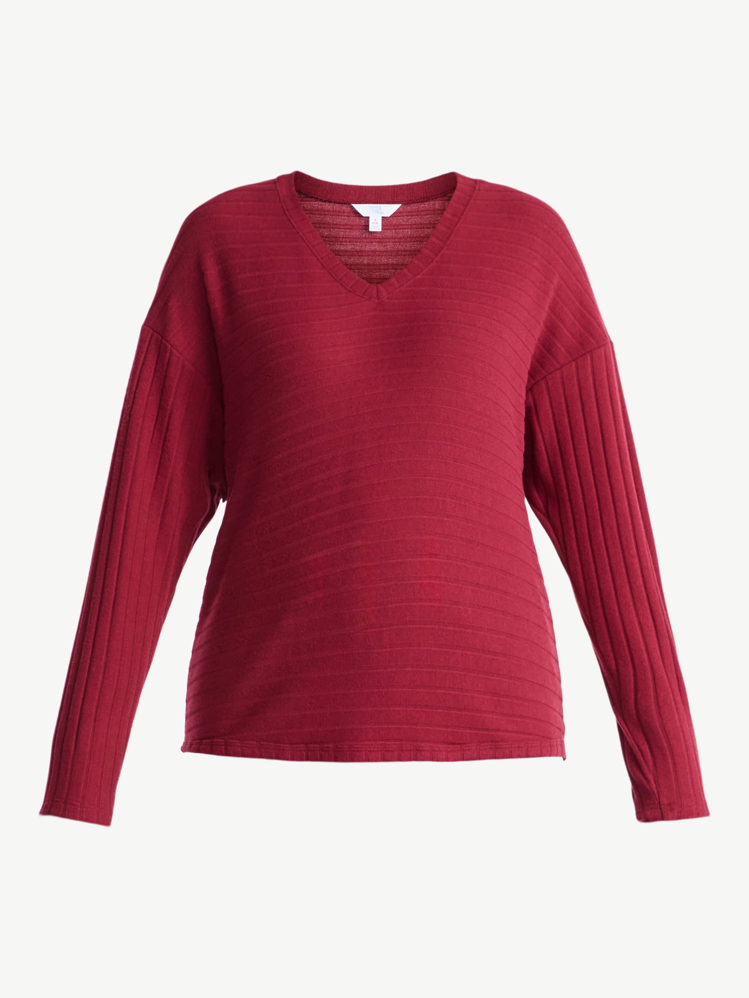 Time and Tru Women's Ribbed Hacci Knit V Neck Top with Long Sleeves, Sizes XS-XXXL
