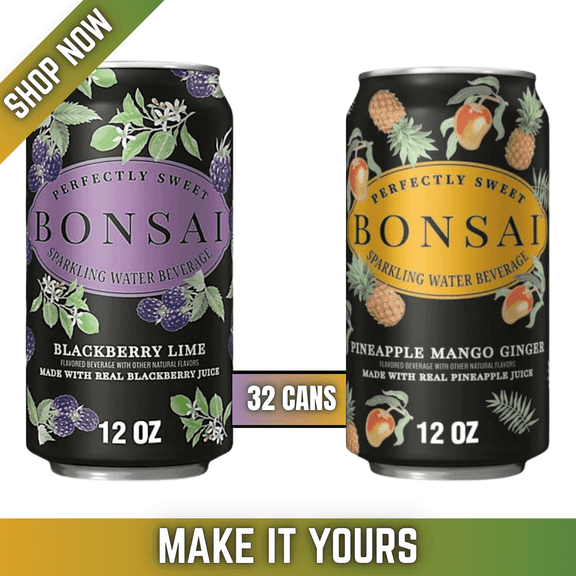Bonsai Sweetened Sparkling Water Variety Pack, Blackberry Lime & Mango Pineapple Ginger, 12 oz Cans, 32 Pack (16 Each Flavor)