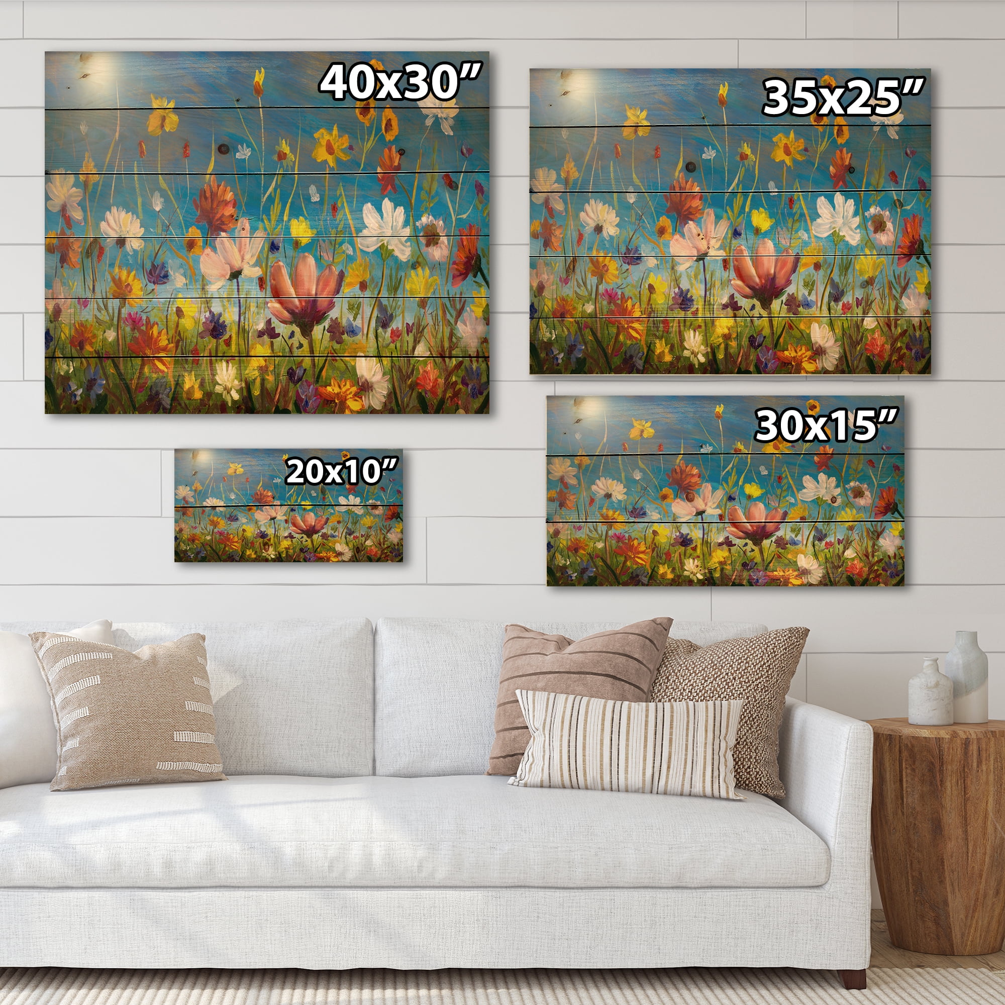 Designart 'Wildflowers and Daisies In Summer Garden Field II' Traditional Print on Natural Pine Wood