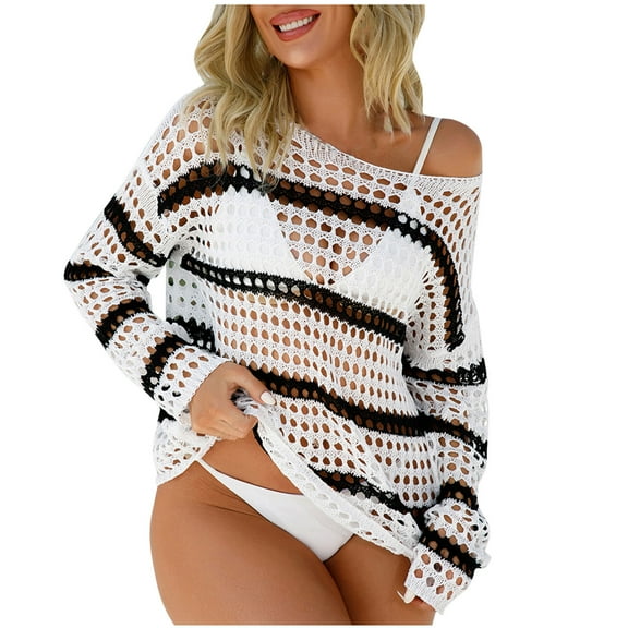 Ltctricy Crochet Tops for Women Summer Casual Boat Neck Long Sleeve Hollow out Color Block Cover Ups Loose Beach Shirts