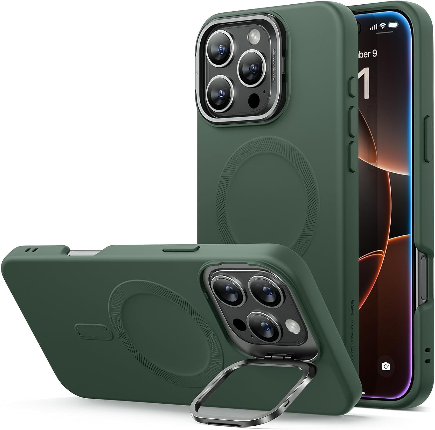 MHAWBL-for iPhone 16 Pro Max Case, Silicone Case with Stand, Compatible with MagSafe, Built-in Camera Stash Stand, Magnetic Phone Case for iPhone 16 Pro Max, Cloud Series, Green