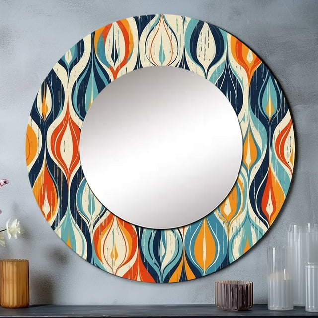 Designart "Botanical Symphony in Orange and Blue III" Abstract Round Mirror Wall Décor Mid-Century - Large Orange Round Mirror - Round Mirror 23" x 23" Inch