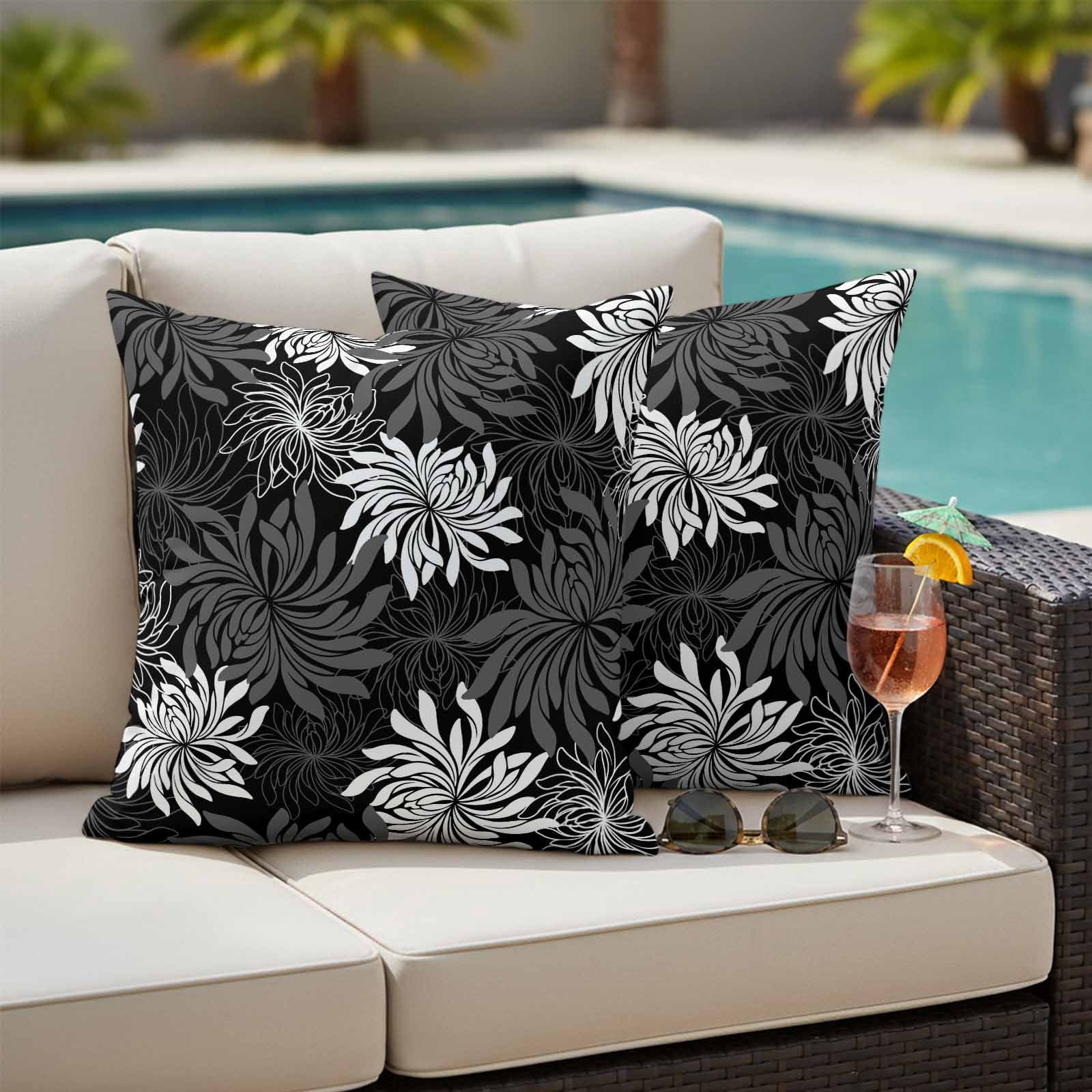 Black Grey Flowers Outdoor Waterproof Throw Pillow Covers 20x20 Set of 2, Modern Abstract Blooms Floral Decorative Pillowcases Cushion Pillowcase for Couch Sofa Patio Outside Pillow Protector