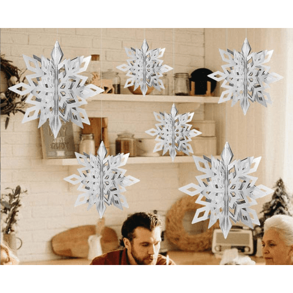 KAQ Winter Christmas Hanging Snowflake Decorations, 12PCS 3D Glittery Large White Snowflake for Christmas Winter Wonderland Holiday New Year Party Home Decorations