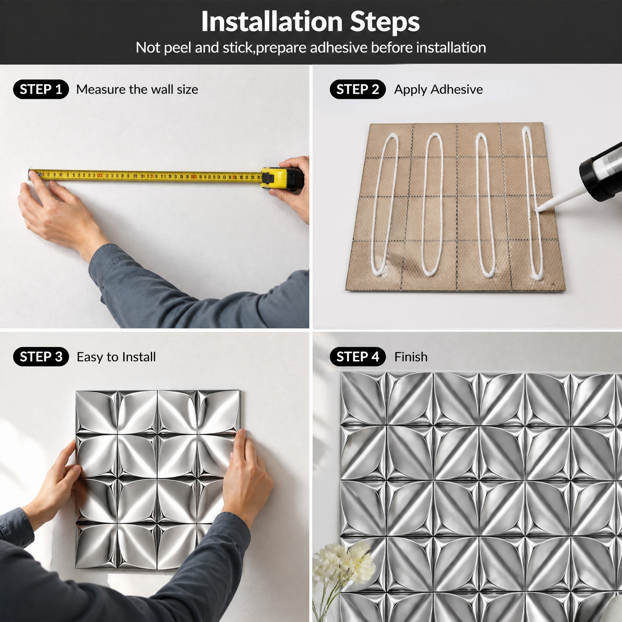 Easy4Home 5Pcs 12"x12" Metal Wall Panels Morden Mosaic Tiles for Interior Wall Decor, Silver