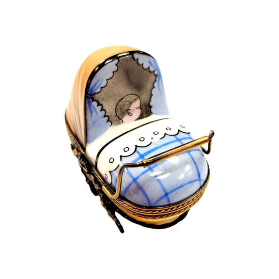 Baby Carriage Blue Limoges Box Figurine for New Parents Limoges Box Porcelain Figurine