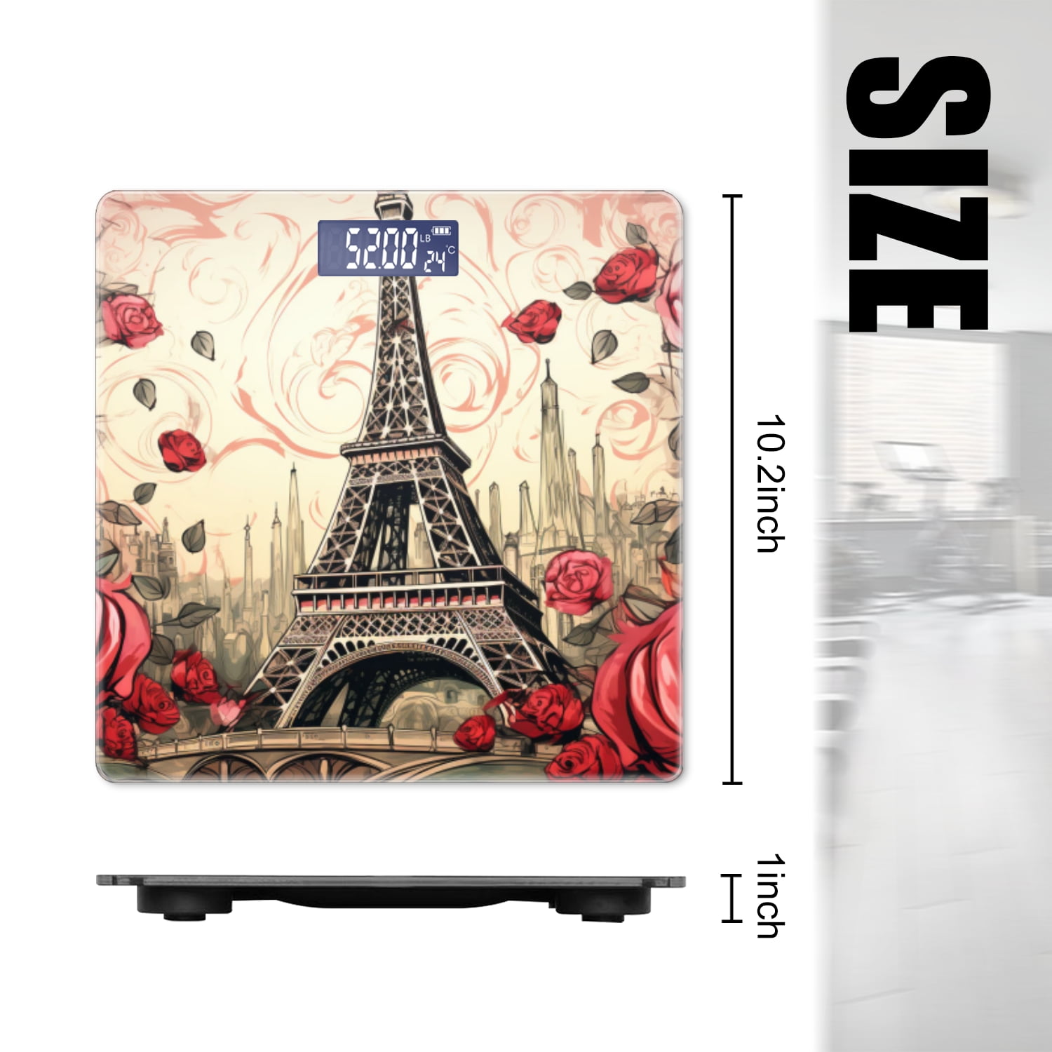 High Precision Body Weight Scale Smart Bathroom Scales with Large LCD Display(400lbs),Decorative for Bedroom-Eiffel Tower Surrounded By Red Roses With Romantic Paris Background