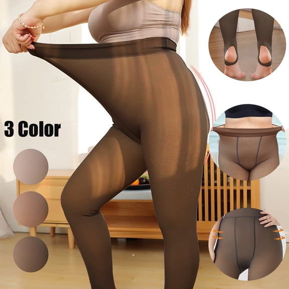 Women's Plus Size Tights, 80g Faux Sheer Thermal Leggings, Lightweight Opaque Footed Pantyhose for Everyday Wear, Tummy Control Yoga Pants-Black
