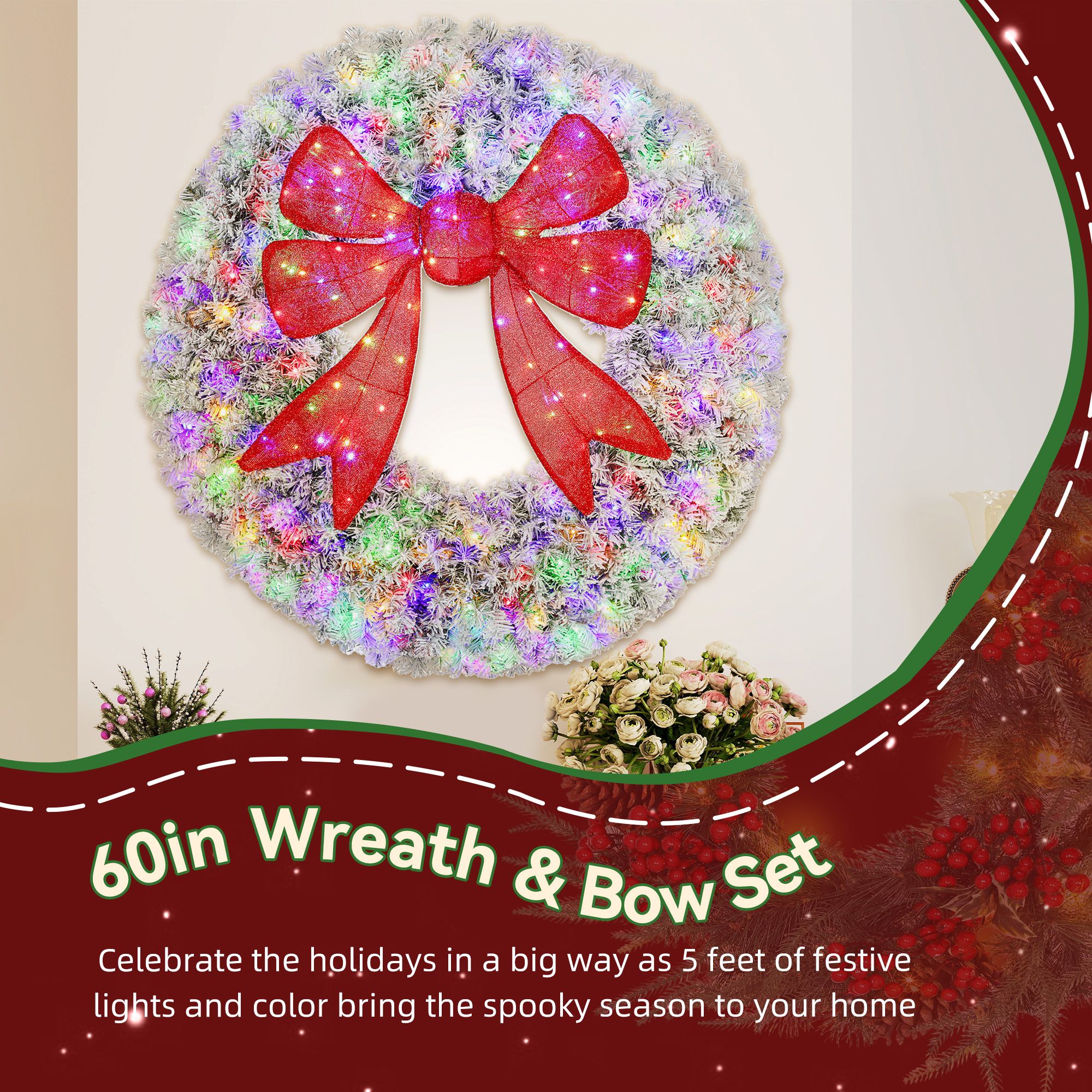 Pre-Lit Flocked Christmas Wreath with 3D Bow, 60 in, 300 LED Lights, 11 Modes, Remote, Indoor Outdoor Front Door Decor