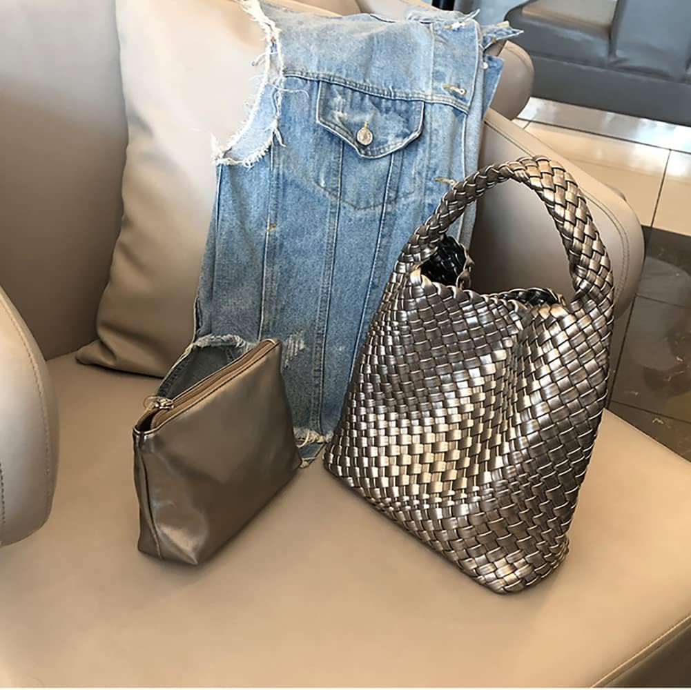 CAILDANL Woven Leather Bags for Women Knoted Women Handbag Designer Shoulder Bucket Purse Handmade Fashion Tote Hobo Bag Small