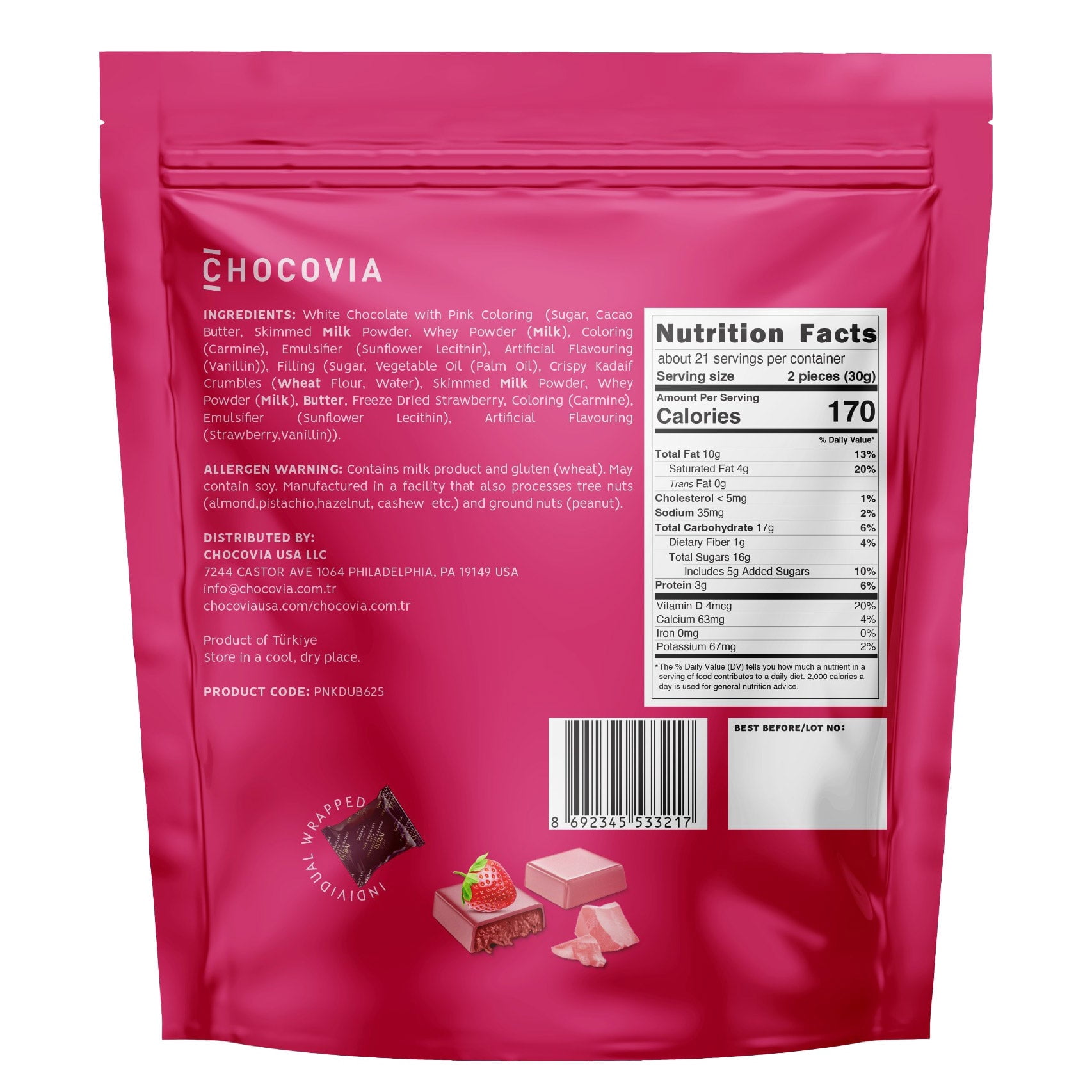 Chocovia Pink Chocolate with Strawberry & Kadaif Dubai Style, 22 oz