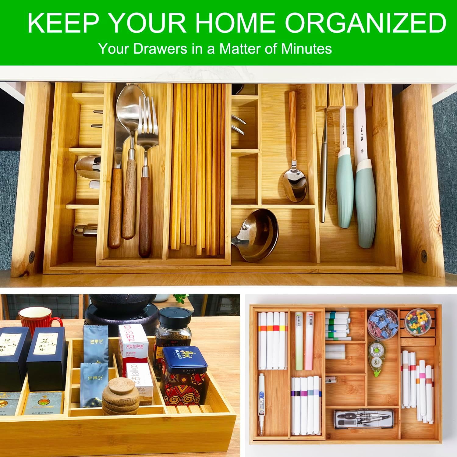 Double Layer  Kitchen Drawer Organizer with Slidable Utensil Tray & Knife Holder
