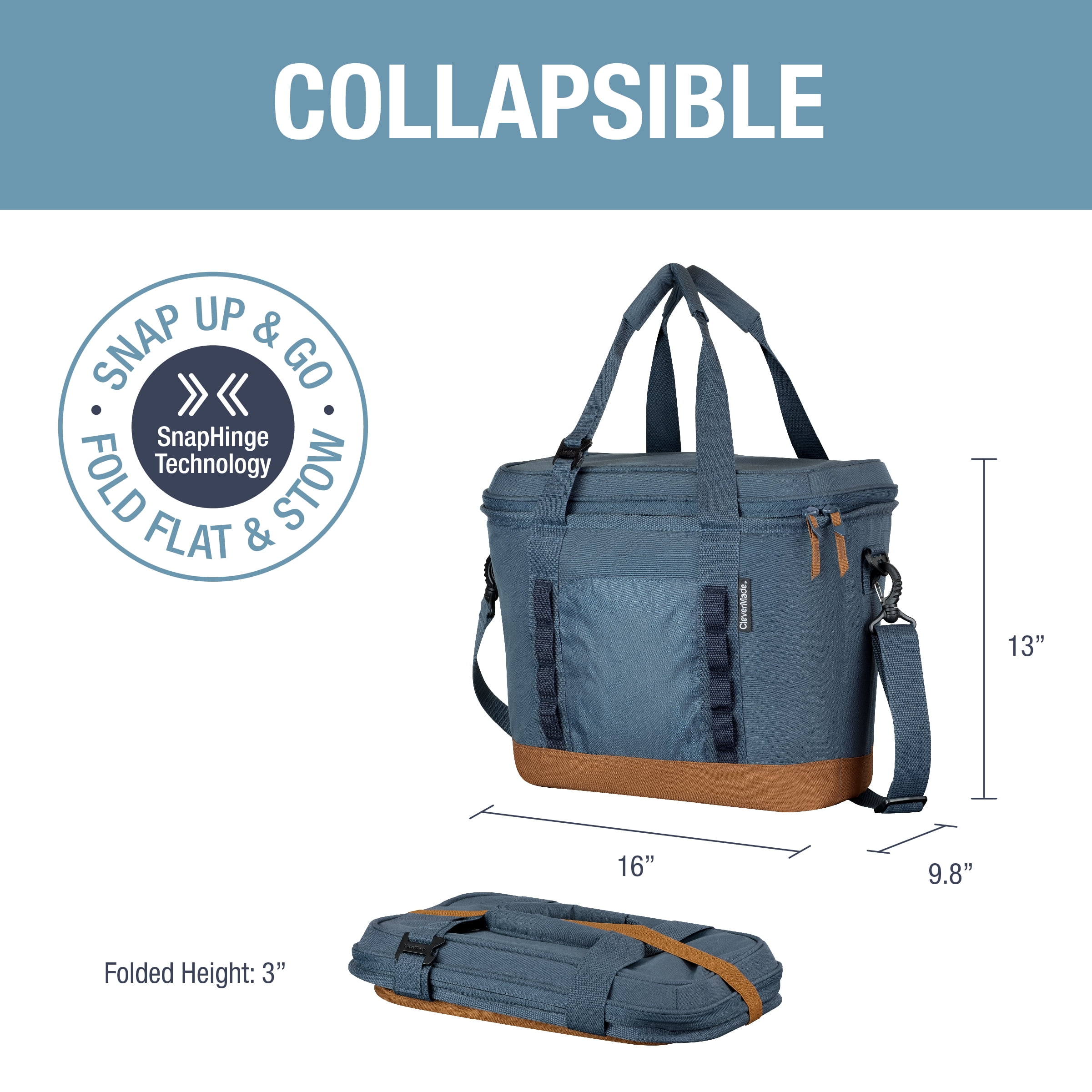 CleverMade 30 Can Soft-Sided Collapsible Insulated Cooler, Ocean/Cognac