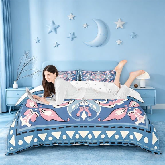 jejeloiu Boho Mandala Duvet Cover Queen For Men Women,Geometric Pattern Queen Bedding,Blue Pink White,Reversible,3-Piece,1 Duvet Cover and 2 Pillowcases