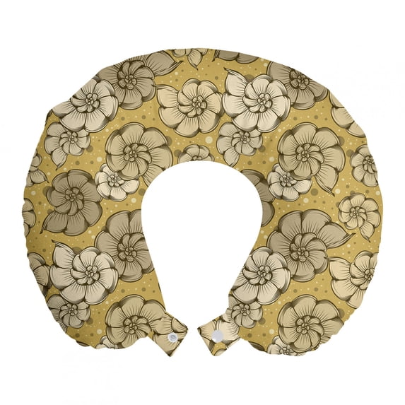 Floral Travel Pillow Neck Rest, Earth Tones Inspired Blossoming Petals Nautilus Garden Meadow Shabby Foliage, Memory Foam Traveling Accessory Airplane and Car, 12", Beige and Khaki, by Ambesonne