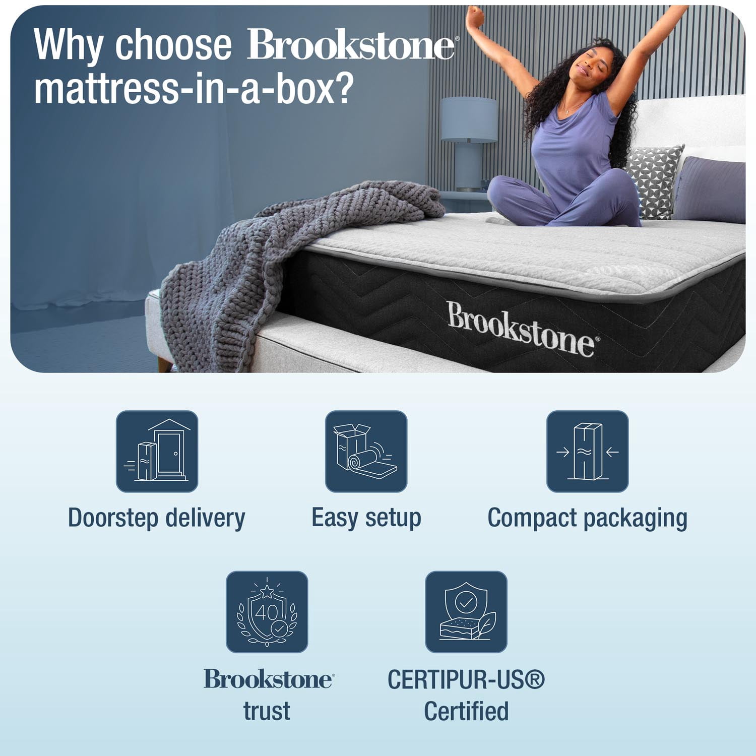 Brookstone 10" Lumbar Relief Hybrid Mattress, Queen, Medium Firm, Zoned Lumbar Support, Breathable Cooling Cover, Fiberglass Free, Mattress in a Box
