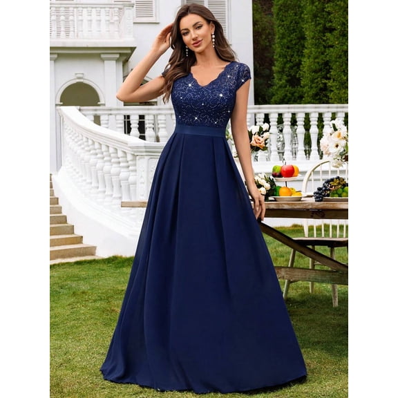 Blue V-Neck Sequin Lace Short Sleeve A-Line Evening Gown