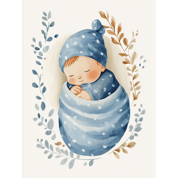 Blue Baby Watercolor Painting/Canvas Print， Suitable for Nursery Decor， Bedroom Decor， Living Room Decor， Office Decor， and Baby Shower Decor.