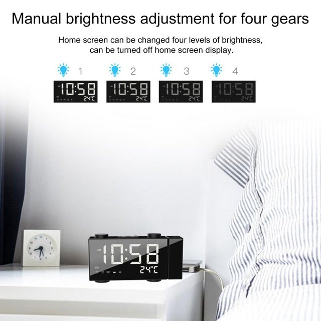 Reloj despertador de proyección, pantalla LED de 6 pulgadas Proyección giratoria de 4 Brillo Snooze con puerto de carga USB para Wall Baoblaze Despertador de proyección