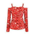 thumbnail image 5 of WREESH Womens Fashion Off The Shoulder Tops Slim V Neck Casual Patchwork Color Printing T-Shirts Long Sleeve Pullover Blouse Tops Red, 5 of 5