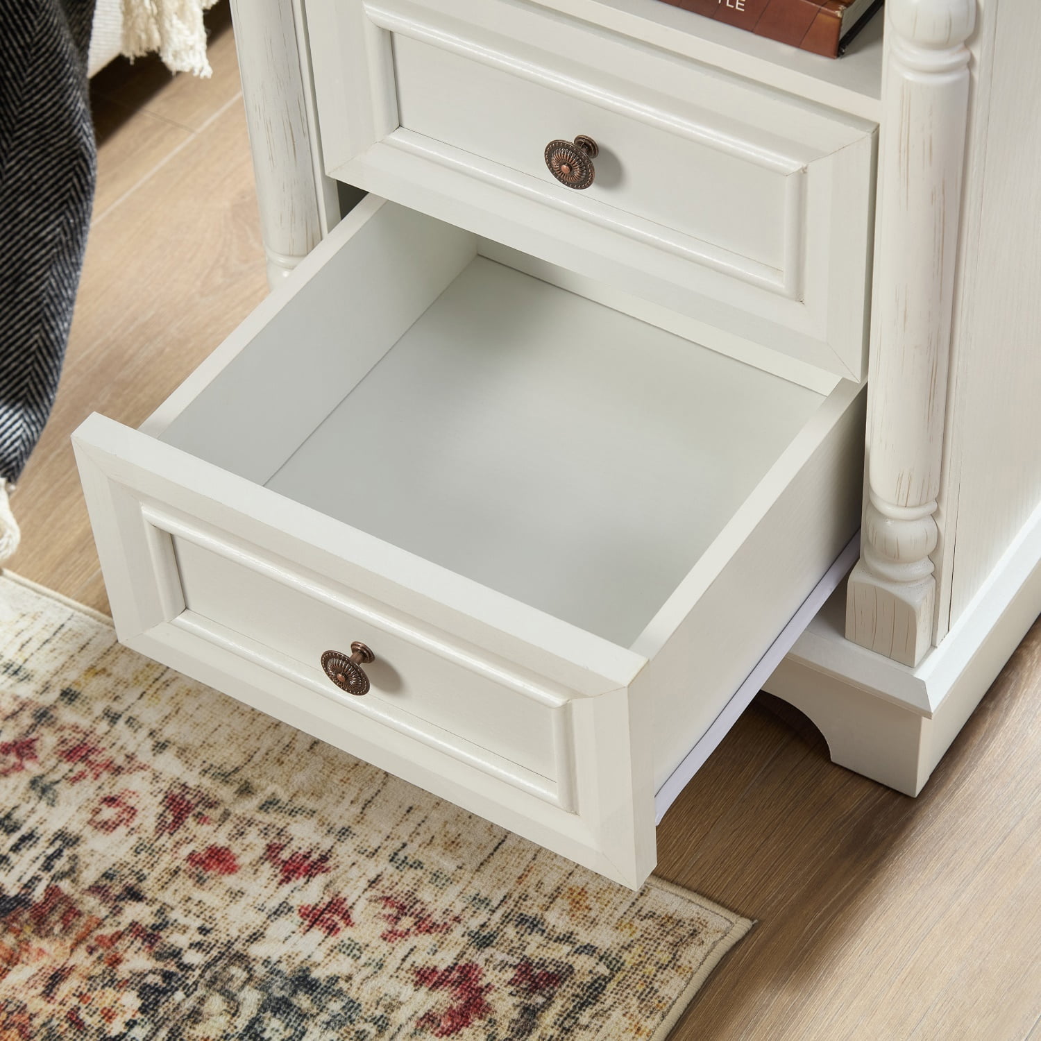 Hommoo Farmhouse Style 2-Drawer Side Table with Storage, Charging Pedestal & Roman Posts Decoration, Rustic Wood Square Nightstand Chest of Drawers for Living Room, Bedroom, Office, White