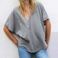 thumbnail image 4 of tklpehg Womens T Shirt Short Sleeve Summer Loose Ladies Tops Short Sleeve Tops Leisure Fashion V-Neck Button Tees Shirts Plain Colored Shirt Gray 10(XL), 4 of 8