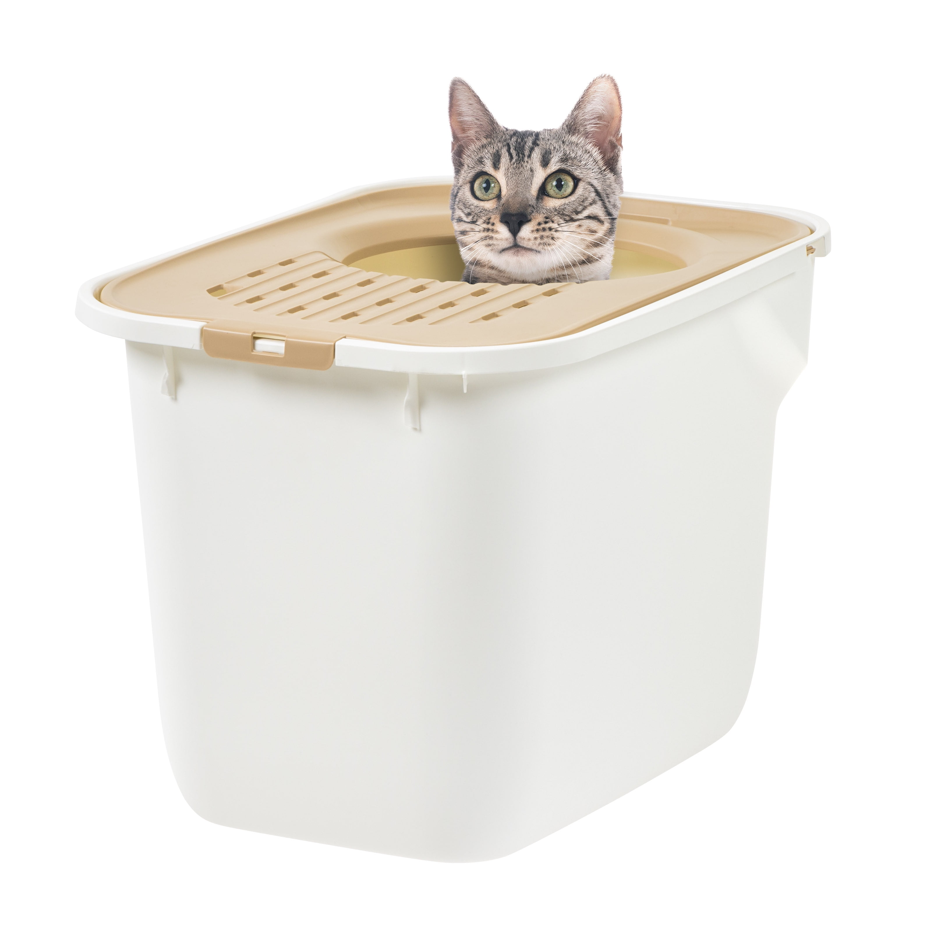 IRIS Large Top Entry Cat Litter Box | Litter Catching Lid Enclosure, White/Beige