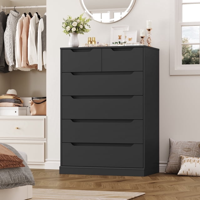 Homfa 6 Drawer Black Dresser, 43.3" H Wood Storage Cabinet with Upgraded Stable Base Vertical Chest for Bedroom Living Room