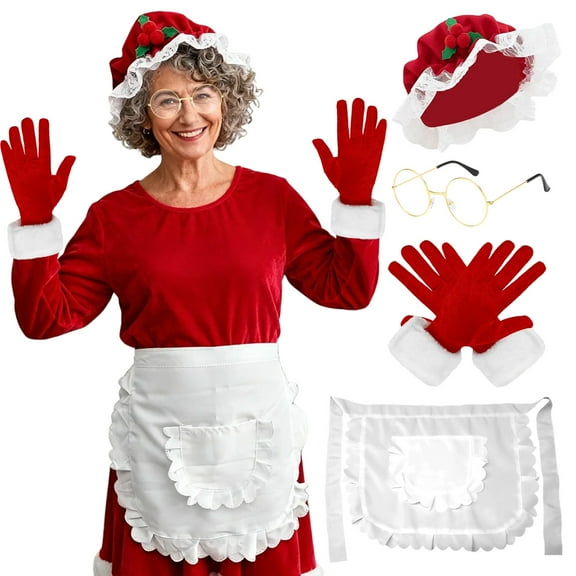 Alaiyaky 4Pcs Mrs Santa Claus Costume Women, Christmas Santa Hat with Red Gloves Santa Gloves Xmas Apron Gold Santa Glasses for Santa Outfit