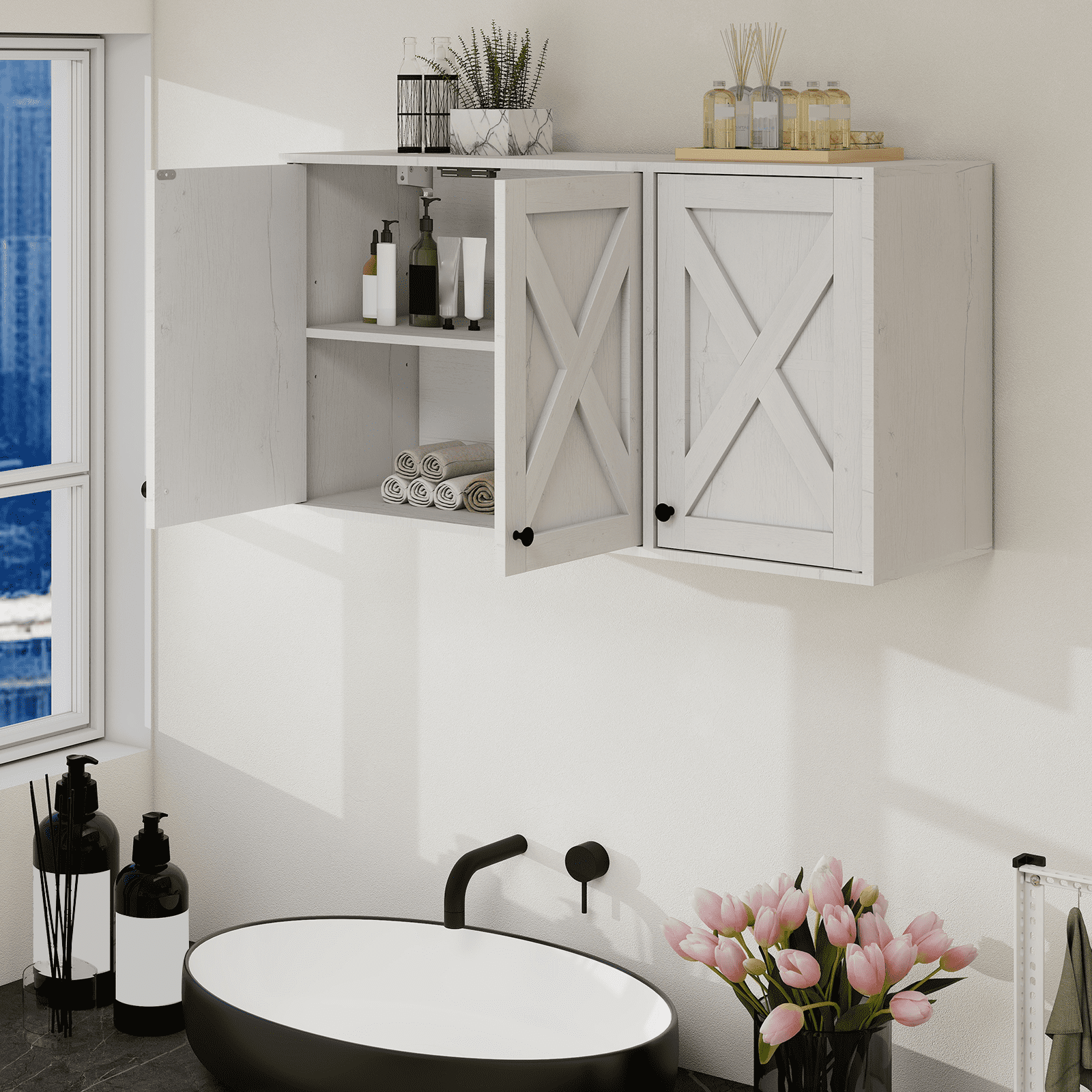 PULUOMIS 36" W Laundry Cabinet, Medicine Cabinet, Bathroom Kitchen Storage Wall Mounted Farmhouse Organizer with Shelves Over Toilet, White