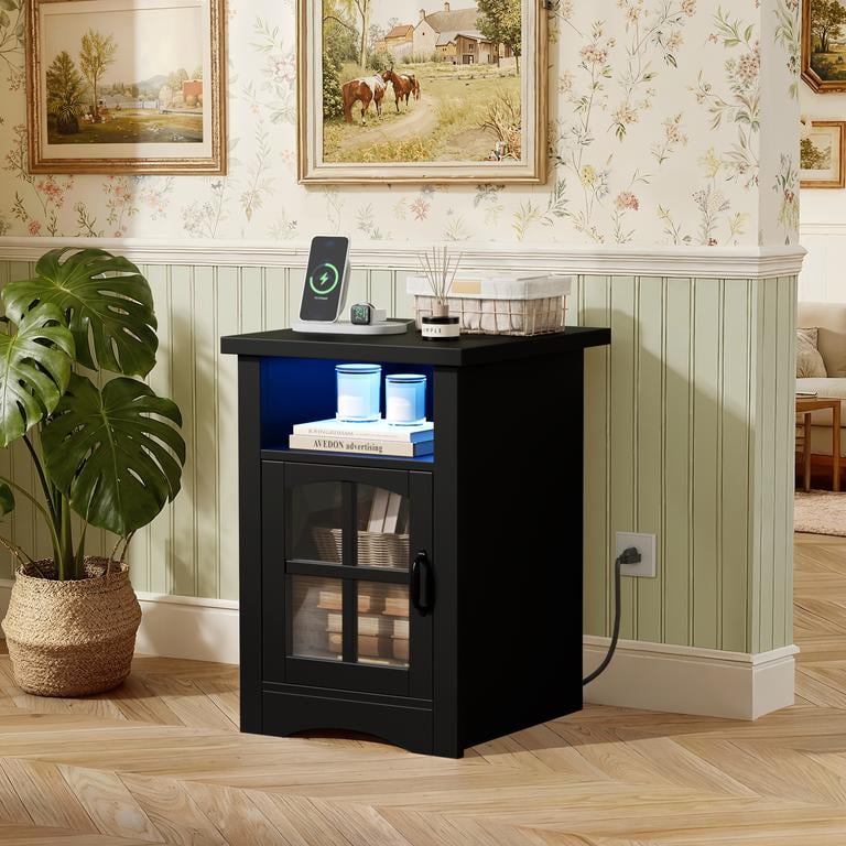 Homall Nightstand with Charging Station & Adjustable LED Lights, End Table Bedside Table with Glass Door & Open Shelf for Bedroom Living Room, Black