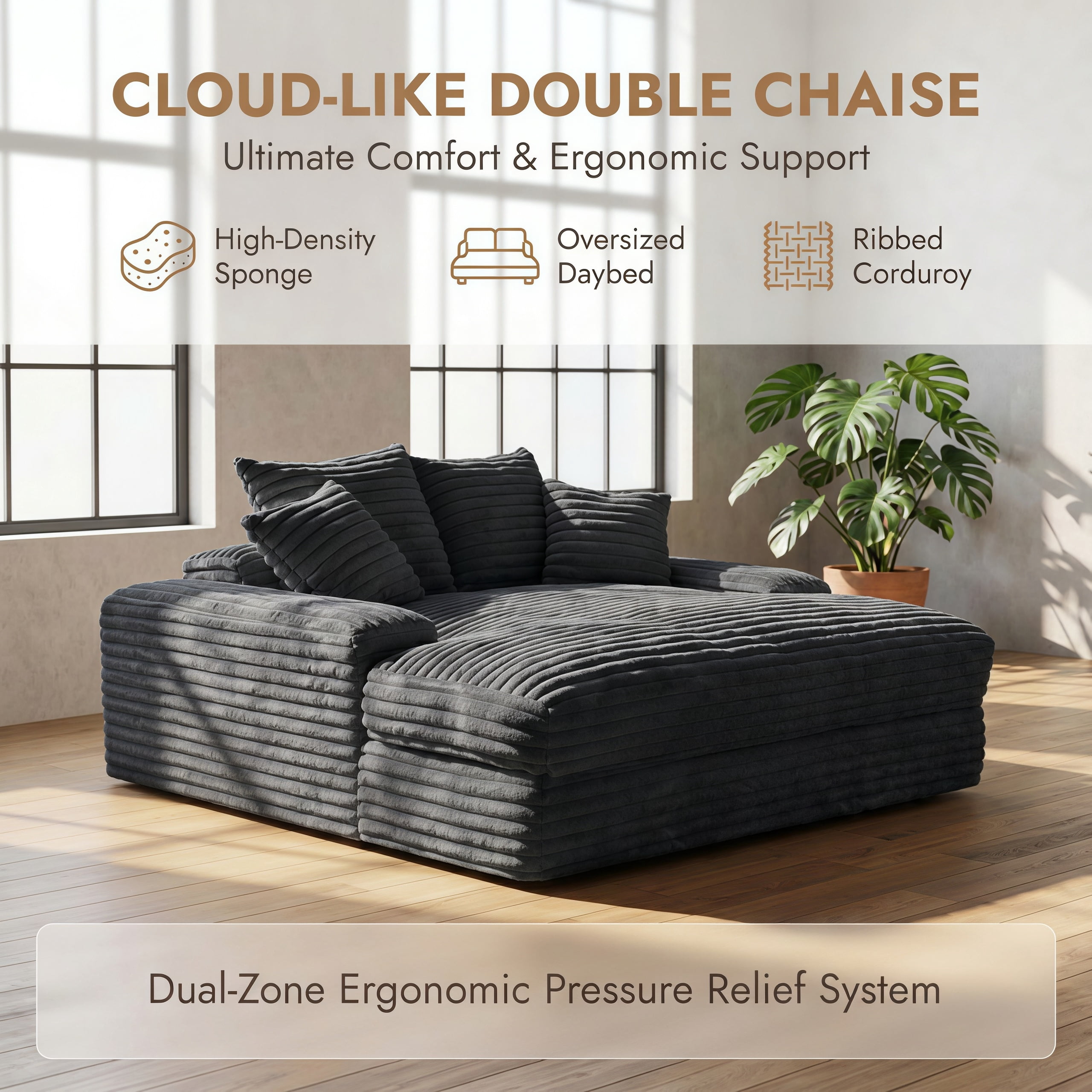 Modern Corduroy Oversized Chaise Lounge Chair, 66"Double Daybed Sofa Sleeper with 4 Pillows, No Assembly Cloud Couch for Living Room, Dark Gray