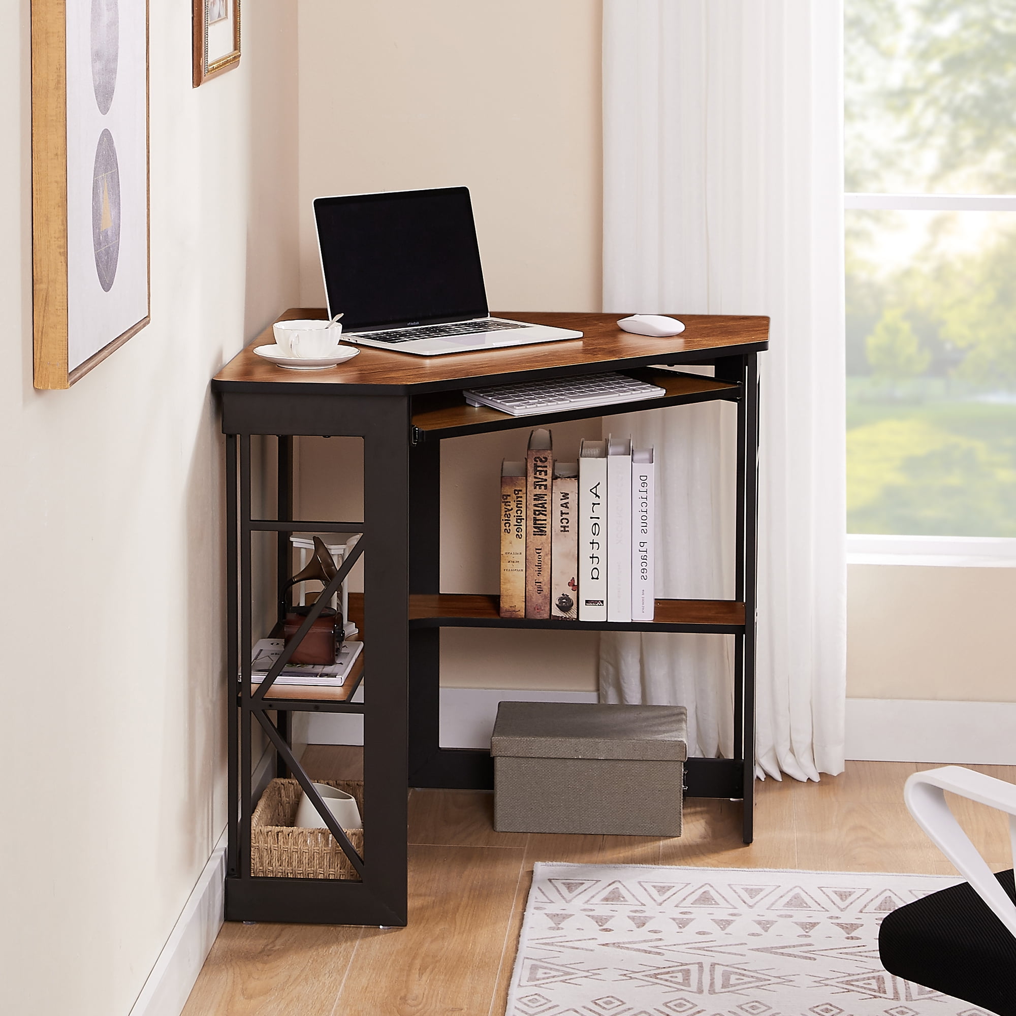 VECELO Desk with Keyboard Corner Computer Writing Shelves, Compact Home Office, Rustic Natural Brown