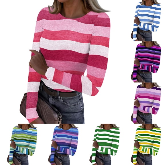 CCRFTGI Long Sleeve Shirts for Women Slim Fit Striped Color block Ribbed Underwear Tops Trendy Base Layer Women Tees Holiday Spring Day Round Neck Pullover Tops Blue M