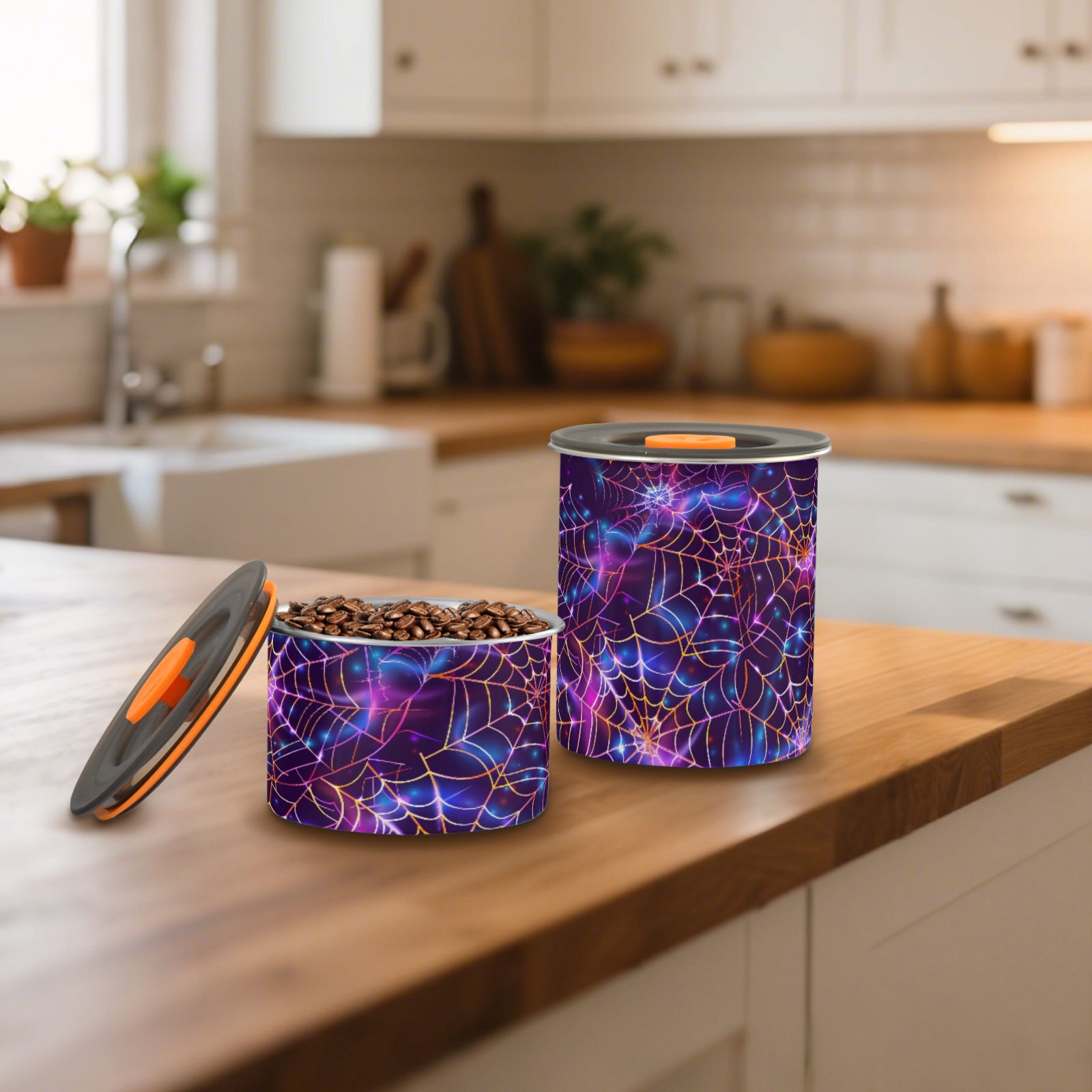 Halloween Purple Spider Airtight Coffee Bean Canister 30oz Food Storage Containers with Lids For Gournd, Tea, Sugar, Flour, Rice, Cereal, Candy Cookie Jar