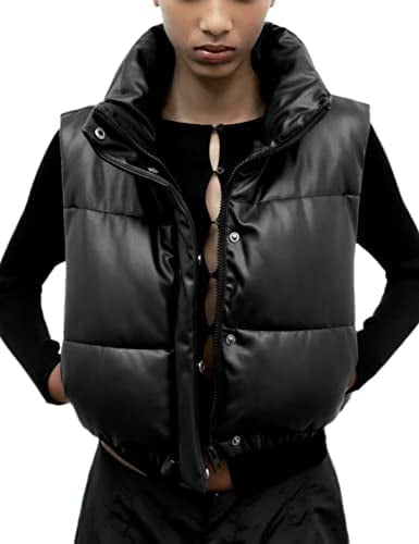 Women Pu Leather Cropped Puffer Stand Collar Vest Sleeveless Lightweight  Zip Up Padded Gilet Warm Winter Outerwear Womens Clothing, Check Out  Today's Deals Now
