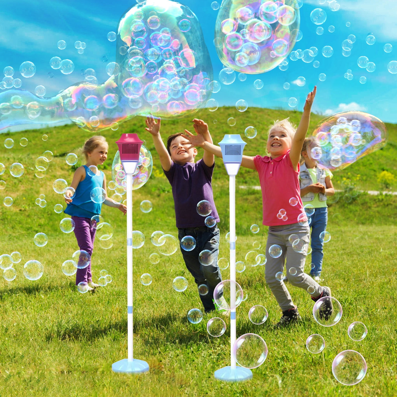 Street Lamp Bubble Blower, Automatic Bubble Machine with Lights Music and 150ml Bubble Solution, Rechargeable Bubble Maker for Party Wedding Carnival Events (Blue)