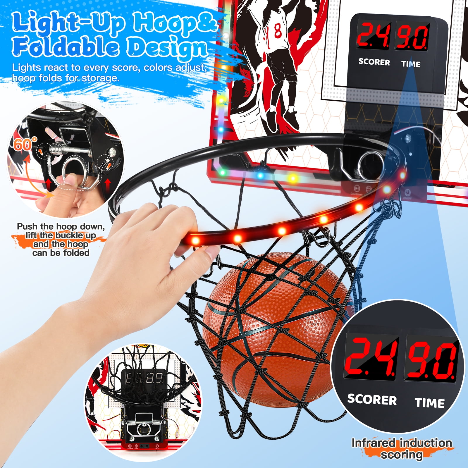 Quiet Flower Toy Basketball Hoop Over Door Indoor with LED Light, Scoreboard, 6 Modes, 3 Balls, 1-Pack