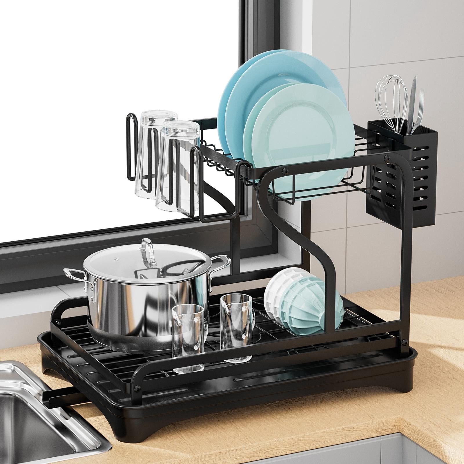 Fiocias Dish Drying Rack for Kitchen Counter with Drainboard Multipurpose Utensil Holder Black